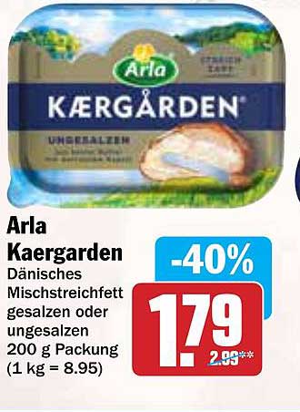 Arla Kaergarden - Dänisches Mischstreichfett gesalzen oder ungesalzen 200 g Packung