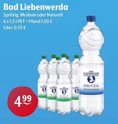 Bad Liebenwerda Spritzig, Medium oder Naturell 6 x 1,5 l PET + Pfand 1,50 €