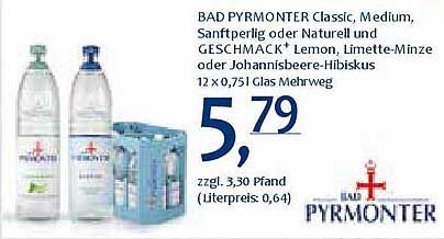 BAD PYRMONT Classic, Medium, Sanftperlig oder Naturell und GESCHMACK Lemon, Limette-Minze oder Johannisbeere-Hibiskus 12 x 0,75 l Glas Mehrweg