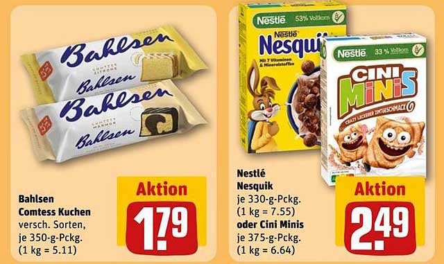 Bahlsen Comtess Kuchen und Nestlé Nesquik oder Cini Minis