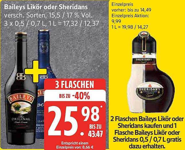 Baileys Likör oder Sheridans – 2 Flaschen kaufen, 1 gratis!