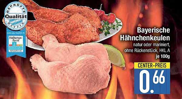 Bayerische Hähnchenkeulen - natur oder mariniert, ohne Rückenstück, HKL A je 100g