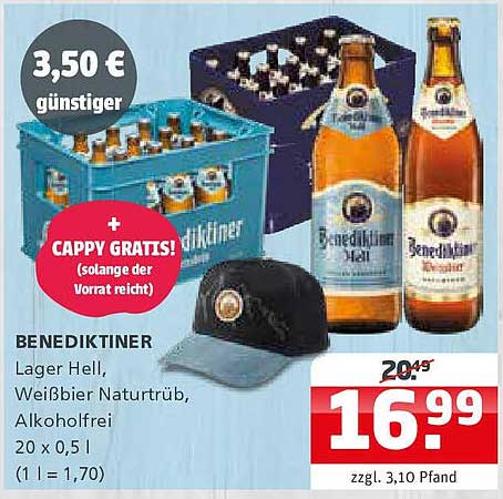 BENEDIKTINER Lager Hell, Weißbier Naturtrüb, Alkoholfrei 20 x 0,5 l