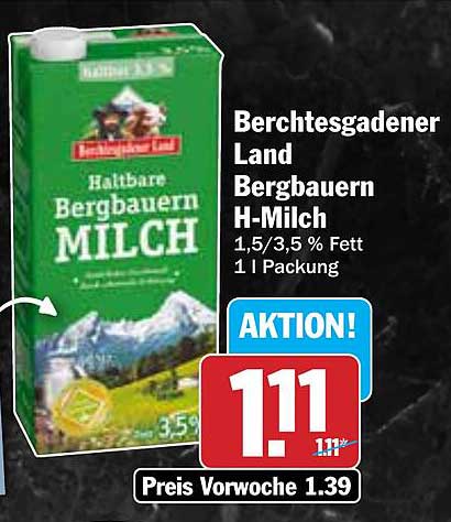 Berchtesgadener Land Bergbauern H-Milch 1,5/3,5 % Fett 1 l Packung