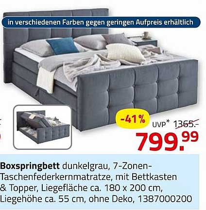 Boxspringbett dunkelgrau mit 7-Zonen-Taschenfederkernmatratze