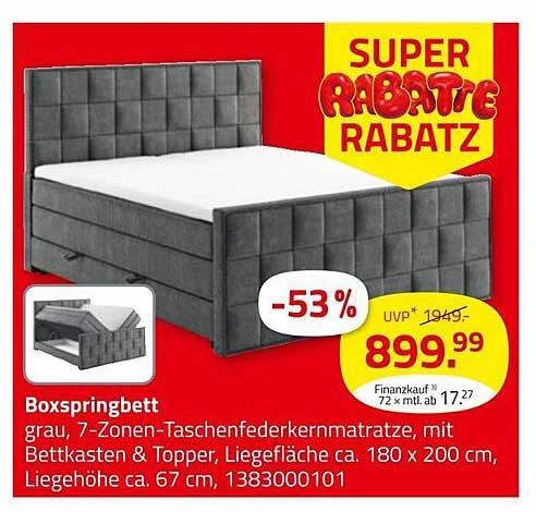 Boxspringbett grau, 7-Zonen-Taschenfederkernmatratze, mit Bettkasten & Topper, Liegefläche ca. 180 x 200 cm