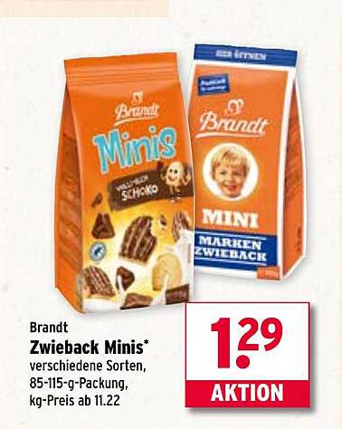 Brandt Zwieback Minis* verschiedene Sorten, 85-115-g-Packung, kg-Preis ab 11.22