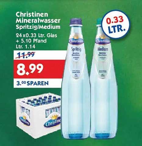 Christinen Mineralwasser Spritzig/Medium 24 x 0,33 Ltr. Glas