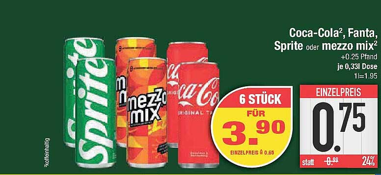 Coca-Cola², Fanta, Sprite oder Mezzo Mix² - 6 Stück für 3,90€