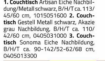 Couchtisch Artisan Eiche Nachbildung/Metall schwarz, B/H/T ca. 113/45/60 cm
