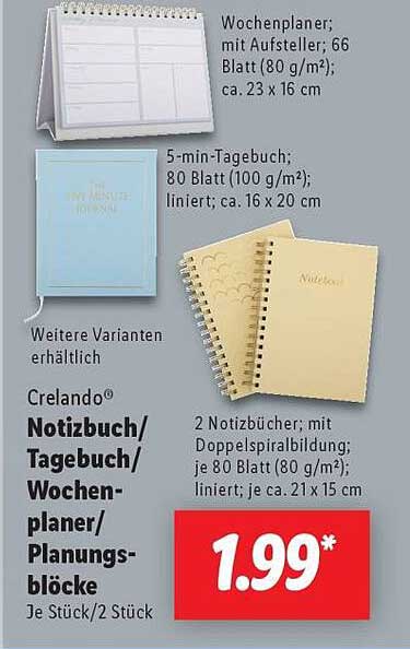 Crelando® Notizbuch/Tagebuch/Wochenplaner/Planungsblöcke je Stück/2 Stück