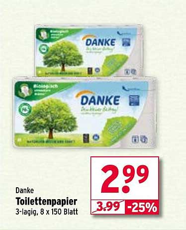 Danke Toilettenpapier 3-lagig, 8 x 150 Blatt