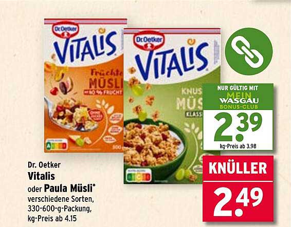 Dr. Oetker Vitalis oder Paula Müslis - verschiedene Sorten, 330-600-g-Packung