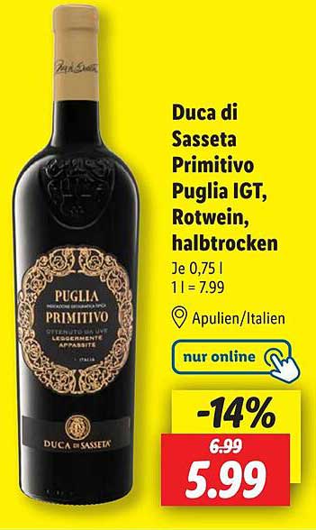 Duca di Sasseta Primitivo Puglia IGT, Rotwein, halbtrocken