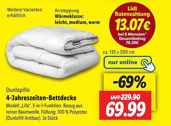 Dunlopillo 4-Jahreszeiten-Bettdecke Modell „LifE“ 3-in-1-Funktion