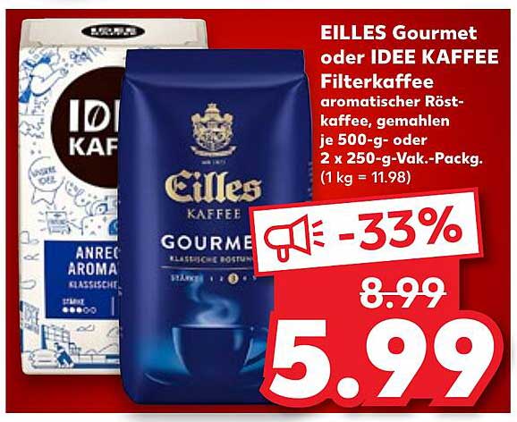 EILLES Gourmet oder IDEE KAFFEE Filterkaffee 500 g - 33% Rabatt