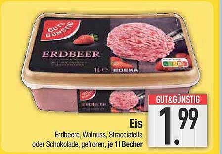 Eis Erdbeer, Walnuss, Stracciatella oder Schokolade, gefroren, je 1 l Becher