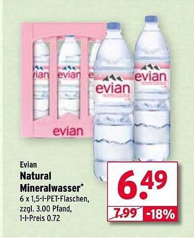 Evian Natural Mineralwasser 6 x 1,5 l PET-Flaschen