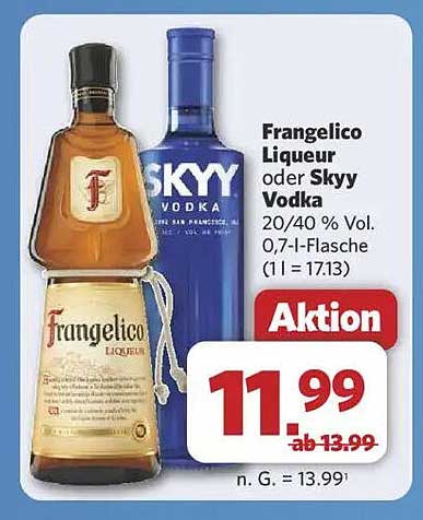 Frangelico Liqueur oder Skyy Vodka 20/40 % Vol. 0,7-l-Flasche