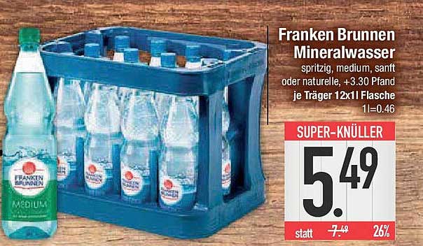 Franken Brunnen Mineralwasser spritzig, medium, sanft oder natürliche, +3,30 Pfand je Träger 12x1 Flasche