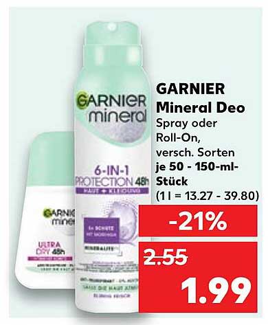 GARNIER Mineral Deo Spray oder Roll-On, verschiedene Sorten – jetzt im Angebot!