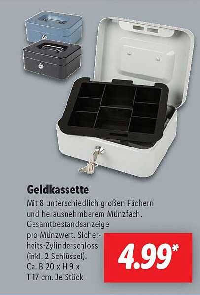 Geldkassette mit 8 Fächern und Schlüssel