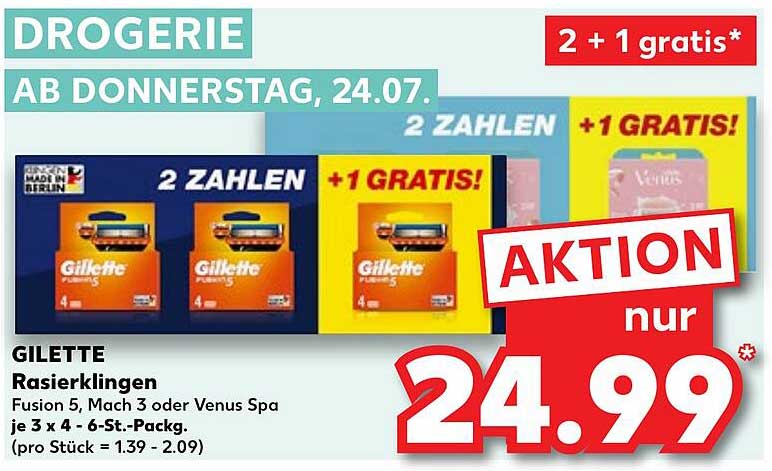 GILLETTE Rasierklingen Fusion 5, Mach 3 oder Venus Spa - 2 + 1 gratis Aktion