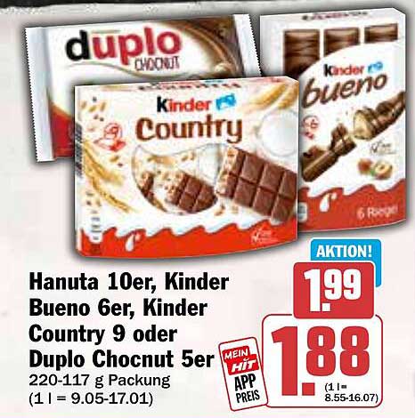 Hanuta 10er, Kinder Bueno 6er, Kinder Country 9 oder Duplo Chocnut 5er