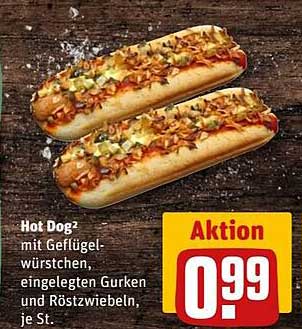 Hot Dog² mit Geflügelwürstchen, eingelegten Gurken und Röstzwiebeln, je St.