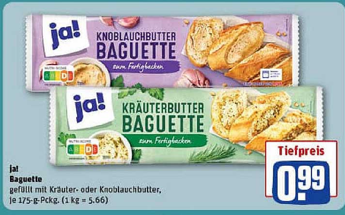 ja! Baguette gefüllt mit Kräuter- oder Knoblauchbutter, je 175-g-Pckg.