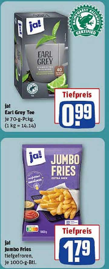 ja! Earl Grey Tee 70 g für nur 0,99 € und ja! Jumbo Fries 1000 g für 1,79 €