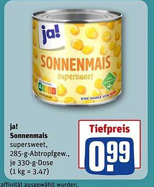 ja! Sonnenmais supersweet, 285-g-Abtropfgewicht, je 330-g-Dose