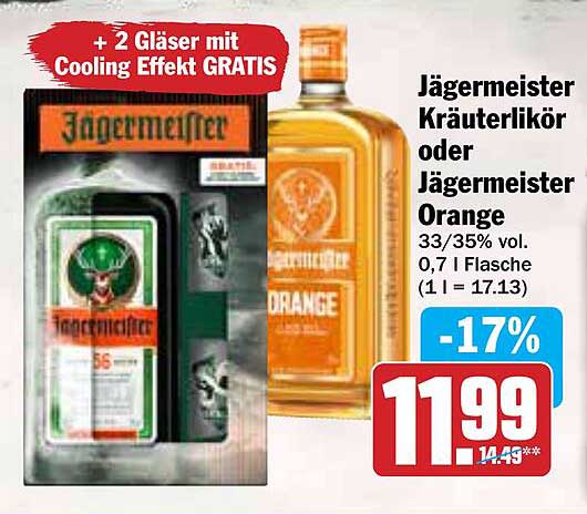Jägermeister Kräuterlikör oder Jägermeister Orange 0,7 l mit 2 GRATIS Gläsern