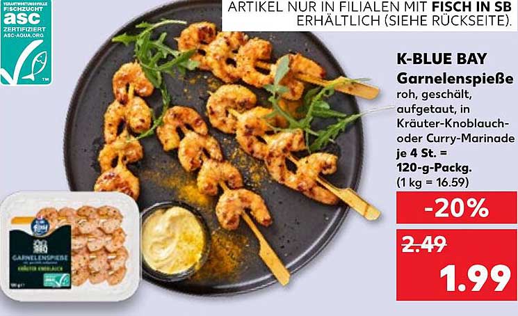 K-BLUE BAY Garnelenspieße – Roh, geschält und mariniert
