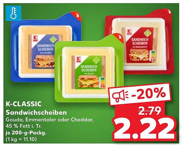 K-CLASSIC Sandwichscheiben - Gouda, Emmentaler oder Cheddar, 45 % Fett i. Tr.