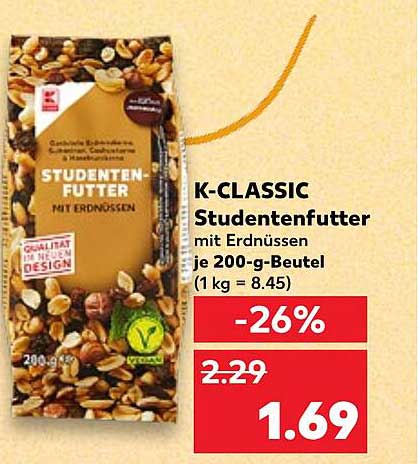 K-CLASSIC Studentenfutter mit Erdnüssen je 200-g-Beutel