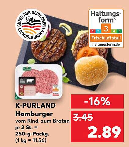 K-PURLAND Hamburger vom Rind, zum Braten je 2 St. = 250-g-Packung