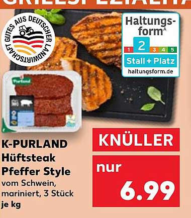 K-PURLAND Hüftsteak Pfeffer Style vom Schwein, mariniert, 3 Stück je kg