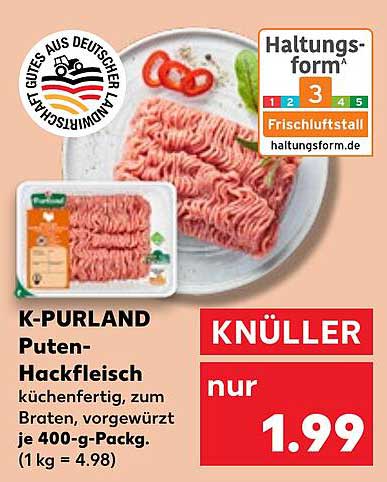 K-PURLAND Puten-Hackfleisch, küchenfertig, zum Braten, vorgewürzt