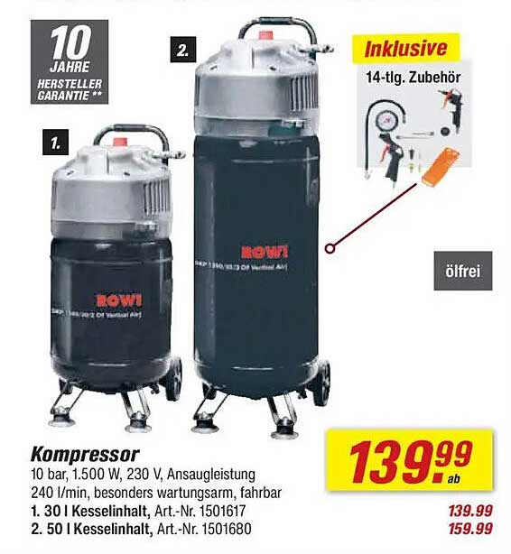 Kompressor ROWI 10 bar, 1.500 W, 230 V
