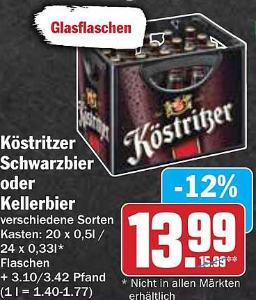 Köstritzer Schwarzbier oder Kellerbier Kasten - 20 x 0,5l oder 24 x 0,33l Flaschen