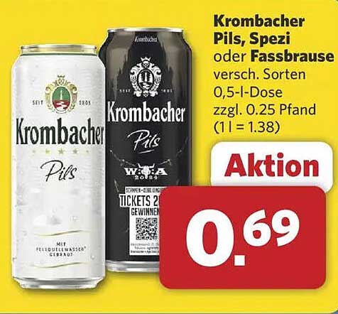 Krombacher Pils, Spezi oder Fassbrause 0,5 l für nur 0,69 €