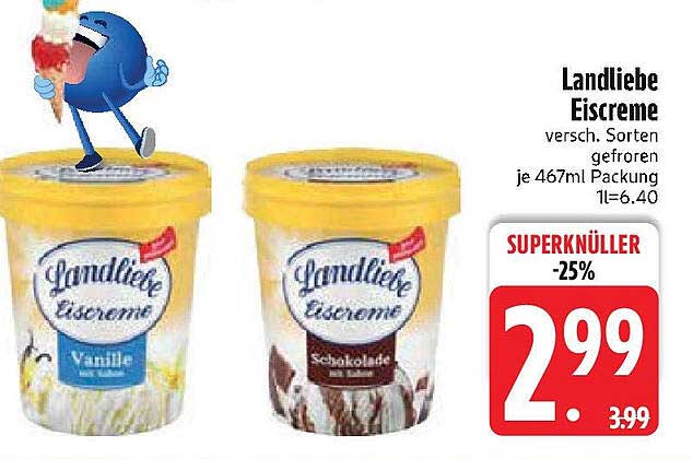 Landliebe Eiscreme, verschiedene Sorten, gefroren 467ml