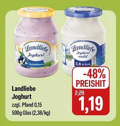 Landliebe Joghurt 500g Glas (Heidelbeer und mild, 48% Rabatt)