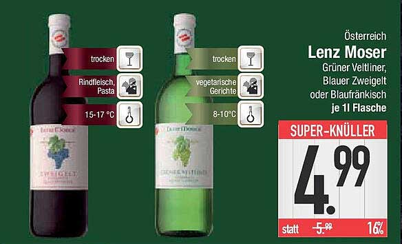 Lenz Moser – Grüner Veltliner, Blauer Zweigelt oder Blaufränkisch – je 1l Flasche