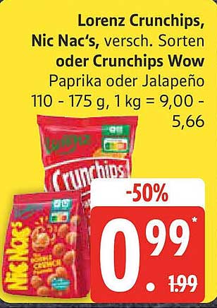 Lorenz Crunchips, Nic Nac's, verschiedene Sorten oder Crunchips Wow Paprika oder Jalapeño