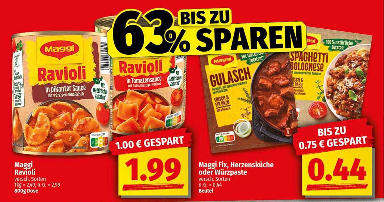 Maggi Ravioli in pikanter Sauce und Tomatensauce