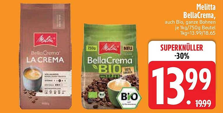Melitta BellaCrema, auch Bio, ganze Bohnen je 1kg/750g Beutel