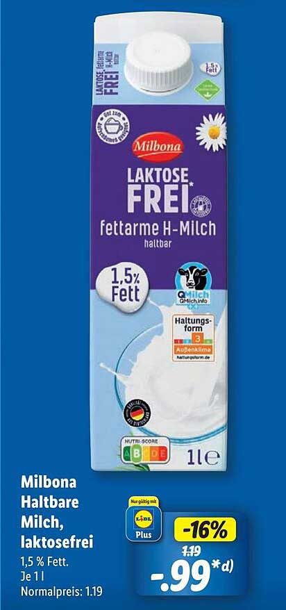 Milbona Haltbare Milch, laktosefrei 1,5% Fett – 1l