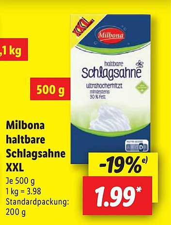 Milbona haltbare Schlagsahne XXL 500 g